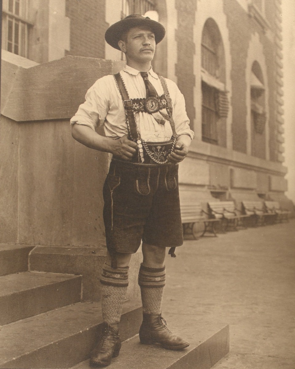A vintage-style photo of Alpine farmers in traditional Lederhosen, paired with a modern MrLederhosen product comparison.