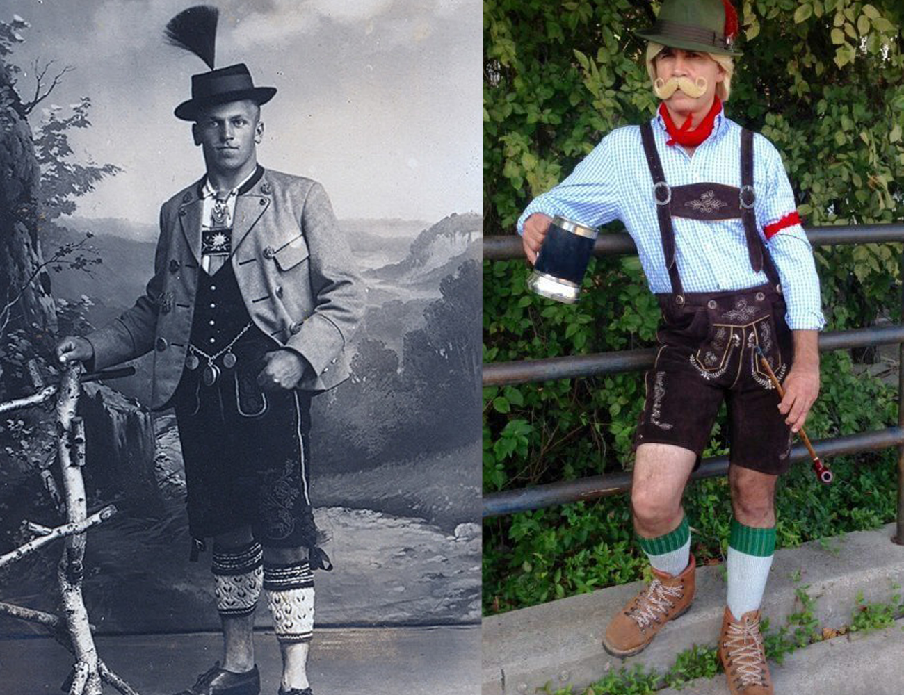 ne side showing a faded fast-fashion costume vs. a polished MrLederhosen ensemble