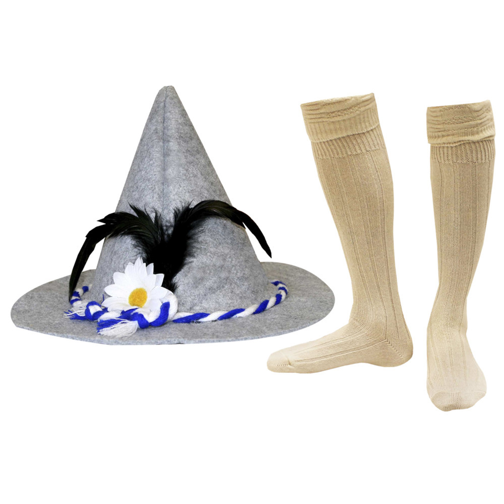 a felt hat with a feather and knee-high woolen socks