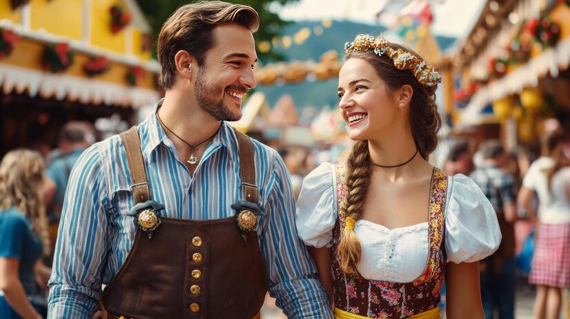 A split-image collage showing a man in a red-checked Bavarian shirt and a woman in a lace Trachten blouse