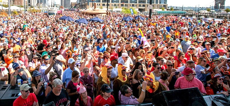 Revelers in Cincinnati celebrate Oktoberfest in authentic Lederhosen.