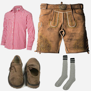 Complete Men Brown Suede Bavarian Lederhosen Outfit with Gold Embroidery, featuring traditional Lederhosen shorts, a red checkered cotton shirt, suede leather shoes, and gray Bavarian socks. Perfect for Oktoberfest and cultural events