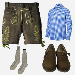 Complete Olive Green Bavarian Lederhosen Outfit with green embroidery, featuring suede Lederhosen, blue checkered cotton shirt, grey knee-high socks, and traditional brown Bavarian shoes