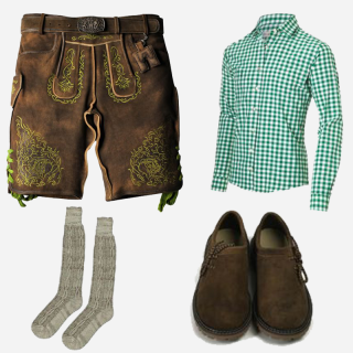 Traditional Bavarian outfit featuring a pair of brown leather lederhosen with intricate green embroidery, a green and white checkered shirt, gray knee-high wool socks, and brown suede shoes