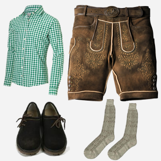 Men Classic Brown German Lederhosen Outfit for Oktoberfest, featuring premium brown suede Lederhosen with embroidery, a green checkered cotton shirt, traditional Bavarian shoes, and long socks, displayed as a complete Bavarian outfit