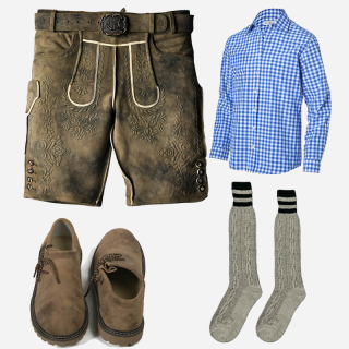  Traditional Bavarian outfit featuring brown leather lederhosen with intricate floral embroidery, white piping accents, and decorative buttons, paired with a blue and white checkered shirt, gray knee-high wool socks with black stripes, and light brown sue