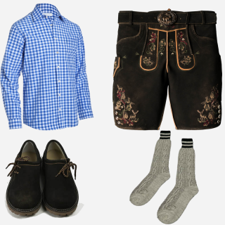 Traditional German Oktoberfest outfit featuring dark brown suede Lederhosen with intricate multi-color embroidery, paired with a blue checkered cotton shirt, Bavarian-style shoes, and gray wool socks