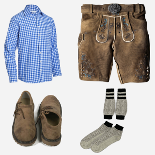 Traditional Bavarian outfit featuring a pair of brown leather lederhosen with intricate blue embroidery and decorative buttons, a blue and white checkered shirt, gray knee-high wool socks with black bands, and brown suede shoes with decorative laces
