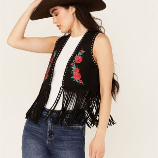 Women Vest Embroidered Rose Faux Suede Fringe Style - Mr Lederhosen
