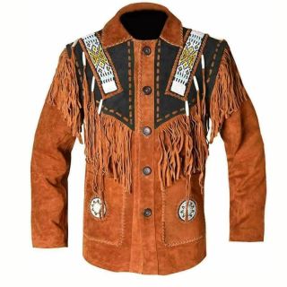 Mens Western Fringe Jacket Traditional Native American Cowhide Cowboy Brown Suede Leather Coat - Mr Lederhosen