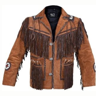 Cowboys Vintage Jacket Mens Suede Leather with Bones Beads and Fringe - Mr Lederhosen