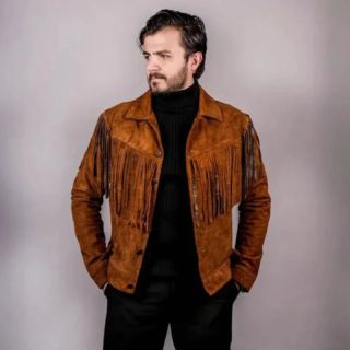 Mens Western Leather Jacket Brown Suede with Fringes - Mr Lederhosen