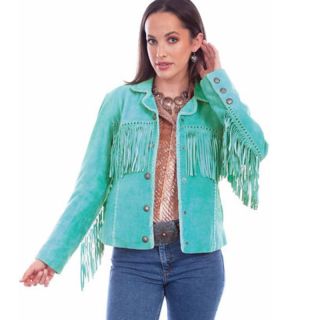 Western Style Women's Jackets in Turquoise with Suede Fringe - Mr Lederhosen