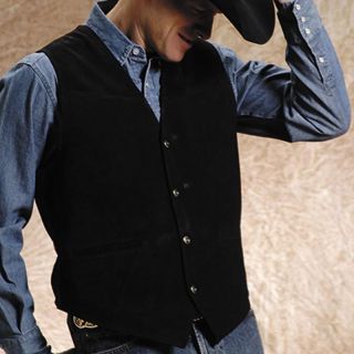 Western Vest for Men Roper Black Classic Cow Suede Leather Satin Back - Mr Lederhosen