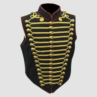 Men's Steampunk Military Vest Black with Gold Braided Brass Buttons - Mr Lederhosen