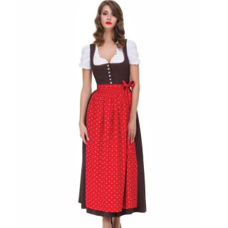 Long Dirndl Elena with Red Apron in Brown