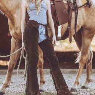 Woman Chaps Brown Suede Leather with Fringe for Horse Riding - Mr Lederhosen