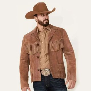 Men Traditional Native Brown Western Suede Jacket in Real Cowhide Leather - Mr Lederhosen