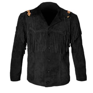 Western Jackets Men Black Fringe Beaded Suede Coat - Mr Lederhosen