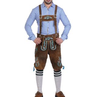 Brown Leather Bavarian Lederhosen with Sky Blue Embroidery