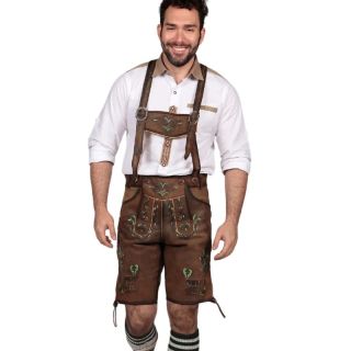 Bavarian Mens Leather Shorts with Embroidered Deer and Leaf Motif  - Lederhosen